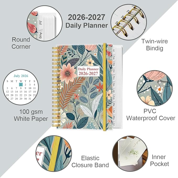 2026-2027 Daily & Monthly Planner - One Page Per Day, Daily Planner 26-27 from July 2026 to June 2027, Planner 2026-2027 with 12 Monthly Tabs, 6.4" x 8.5", Flower-A