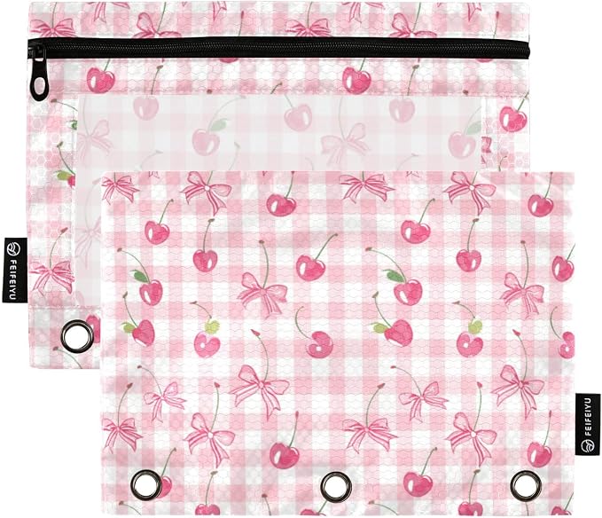 Binder Pencil Pouches Bow and Cherry Pen Case | Clear Window 3 Rings, Cosmetic Bags School Office Supplies Cosmetic Makeup Bag 2 Psc