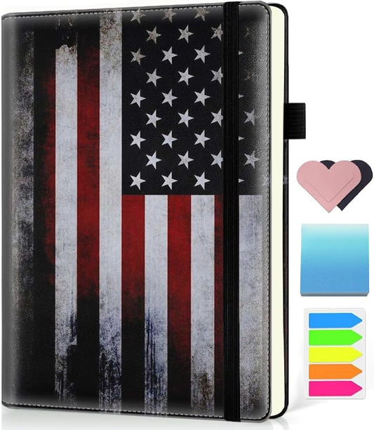 Hardcover Executive Notebooks, A5 PU Leather Lined Journal Notebook, 200 Pages Thick Paper Subject Notebooks for School,Work,Home Writing Business Notebook, Diary Book ，Vintage USA Flag