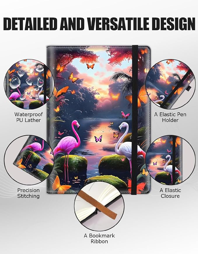 Hardcover Executive Notebooks, A5 PU Leather Lined Journal Notebook, 200 Pages Thick Paper Subject Notebooks for School,Work,Home Writing Business Notebook, Diary Book ，Pink Flamingo