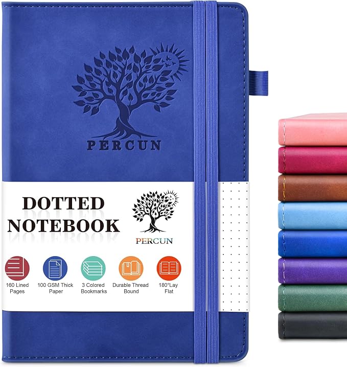 PERCUN A5 Dotted Journal Notebook, Leather Hardcover Notebook 5.9"×8.5" | 160 Dotted Pages Journal for Women & Men, Dot Grid Notebook for Writing, Work, School, Travel Daily Diary, Bullet Journaling
