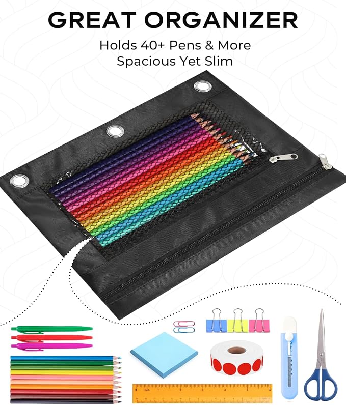 3 Ring Binder Pencil Pouch - Oxford Fabric Pencil Case with 2 Zippered Pockets, Clear Mesh Window Pencil Bag, B5 Size for Office & Travel Supplies (Black)