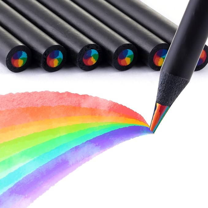 Art Supplies for Kids and Adults, 7 Color in 1 Black Wooden Rainbow Colored Pencils Pre-sharpened, with Sharpener, for Coloring Books, Easter Basket Stuffers, Drawing, Sketching (12pcs)