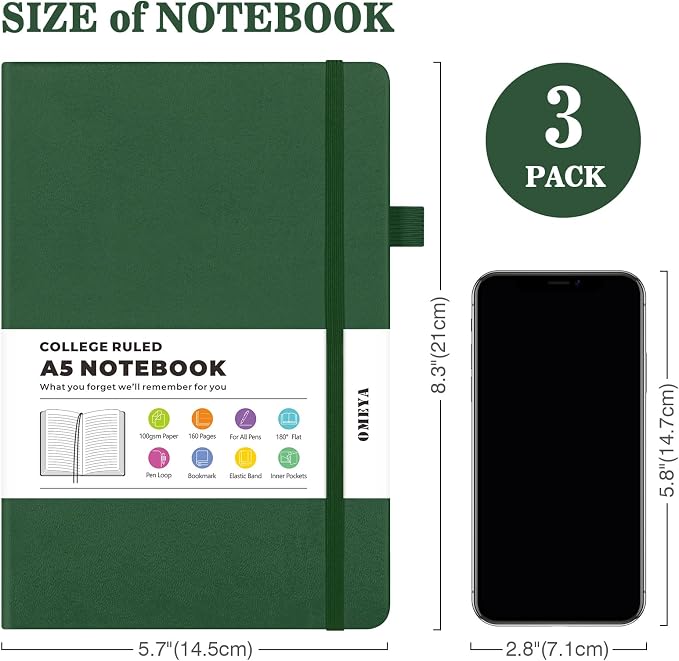 OMEYA A5 Hardcover Notebooks for Work: 3 Pack, 100gsm Paper, 160 Pages Each | College-Ruled, 5.75" x 8.38", PU Leather Hardcover, 3 Pens, 2 Inner Pockets, 180° Lay-Flat, For Business, School