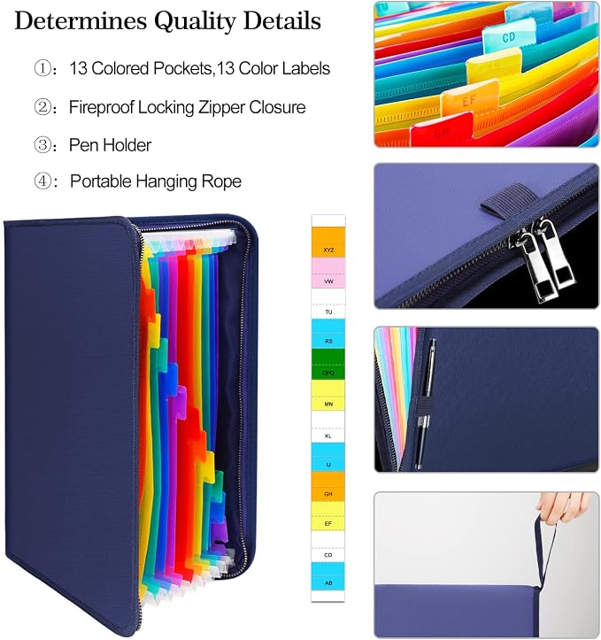 ENGPOW Expanding File Folder,Fireproof 13 Pockets Document Organizer Bag | Accordion File Organizer with Zipper＆Labels,Portable Home Travel Safe Storage for Important Files,Papers,Letter Size,Blue
