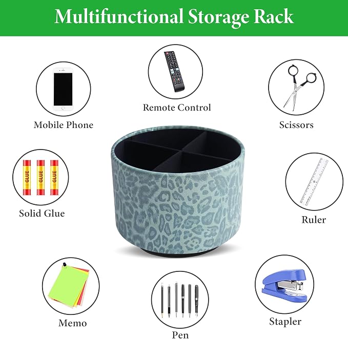 Round Leather Art Supply Organizer,Remote Control Holder,360 Degree Rotating,Multi-Functional Pencil Holder,4 Compartments Desktop Stationary Organizer(1-Leopard Green)
