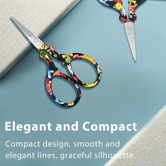 Sharp Embroidery and Crafting Scissors with Leather Cover, 3.62 inch Stainless Steel Scissors for Needlework and DIY Crafts, Black Flower, J5064