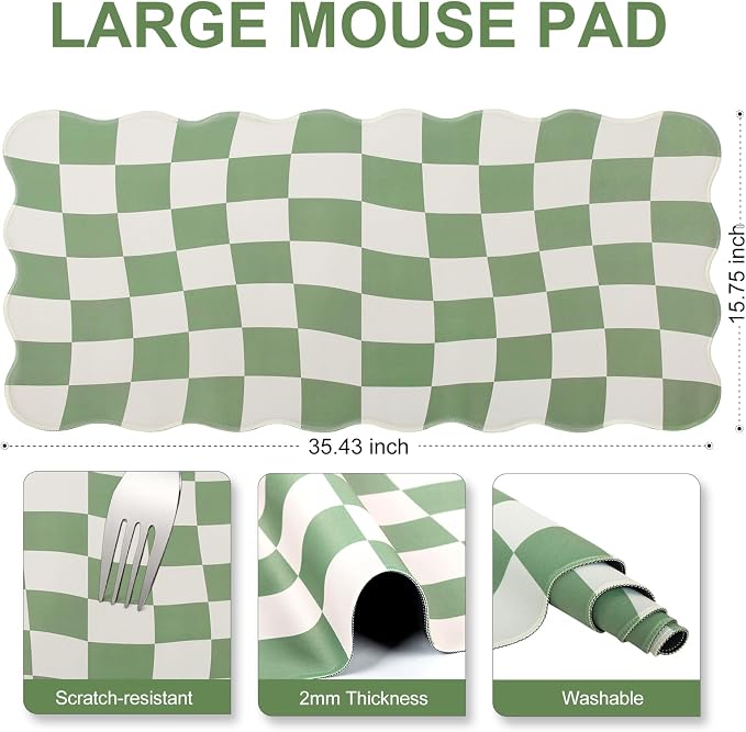 L-SPOUTTO Green Mouse Pad,Geometric Desk Mat XXL Large Scalloped Gaming Mousepad,35.4x15.7in Non-Slip Rubber Base Keyboard Pad Waterproof Desktop Mat for Laptop Computer Game Home Office-Checkered