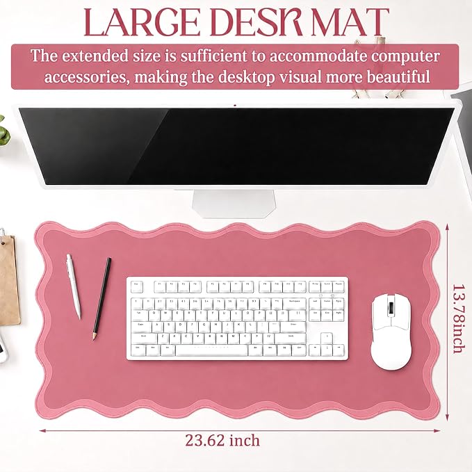 Hahafelt Scalloped Desk Mat Large Desk Pad Cute Coquette Table Mat Back to School Preppy Table Make up Pad Nonslip Graduation Gift with Stitching Waterproof Gaming(Dark Pink,31.5 x 15.8 Inches)