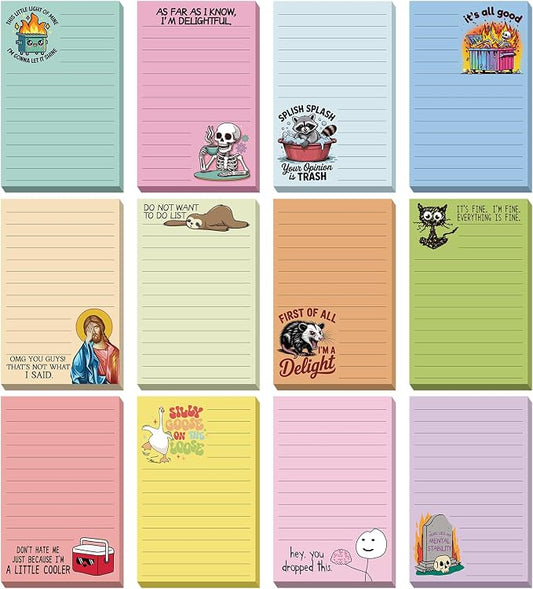 12 Pack Funny Notepads, 5x3 Inches Sarcastic Note Pads Memo Fun Office Gifts for Coworkers Work Women Men Employee Teacher Boss Desk Accessories Gifts(Funny,Candy Color)