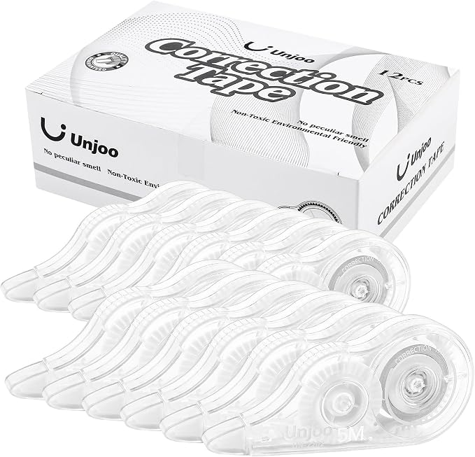 Unjoo White Correction Tape, For school, Office (12pack, 5M/196" x 0.2") | Easy To Use Applicator for Instant Corrections Wrong Writing At Any Time, Tear-Resistant Correction tape Bulk