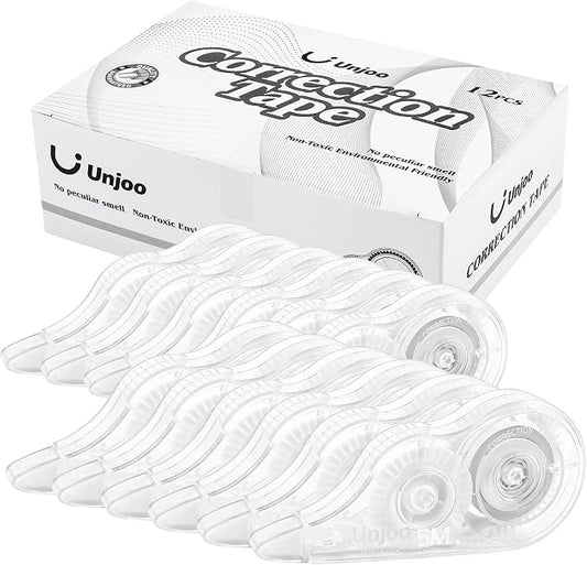 Unjoo White Correction Tape, For school, Office (12pack, 5M/196" x 0.2") | Easy To Use Applicator for Instant Corrections Wrong Writing At Any Time, Tear-Resistant Correction tape Bulk