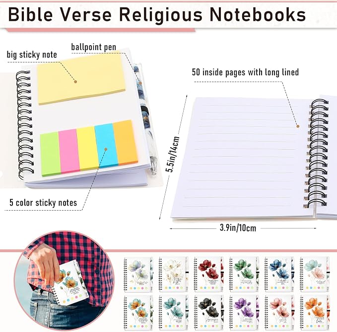 Kosiz 12 Sets/24 Pcs Christian Gifts Bulk Prayer Journal Scripture Notebook, Bible Pen(Light, Water Color)