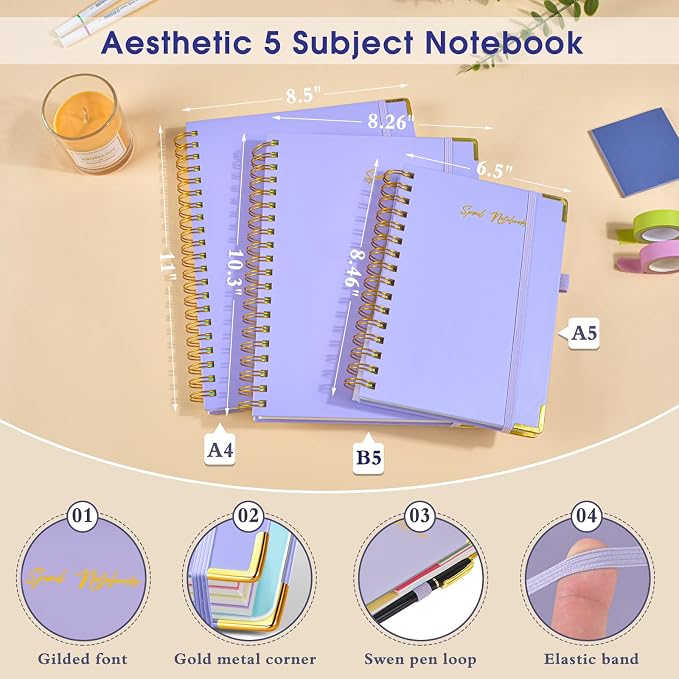 Hardcover Spiral Notebooks for Work, 5 Subject Notebook College Ruled with Dividers Tabs, Lined Organizer Notebook Journal for Women, 240 Pages Small A5 Notebooks for School Note Taking, 5x7 Purple