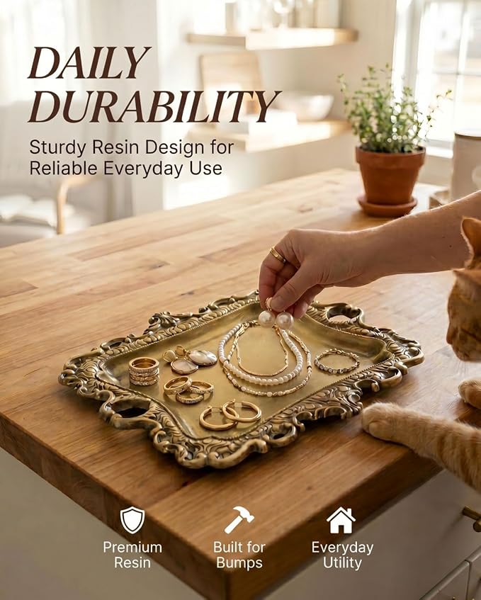 8x7 inch Vintage Gold Jewelry Tray, Middle Decorative Trinket Dish | Rings and Perfume Organizer for Vanity, Elegant Baroque Style Accessory for Wedding Detail Photography