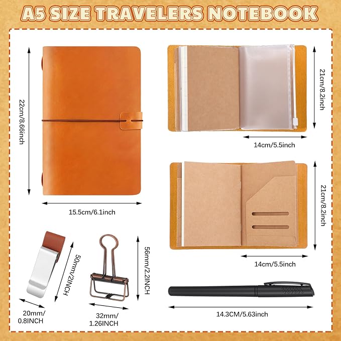 Thenshop Travelers Refillable Leather Journal Notebook Travel Diary Handmade Passport Travelers Journal for Men and Women with 3 Notebook Inserts, Pen Holder, Binder Clip(Orange,A5 Size)