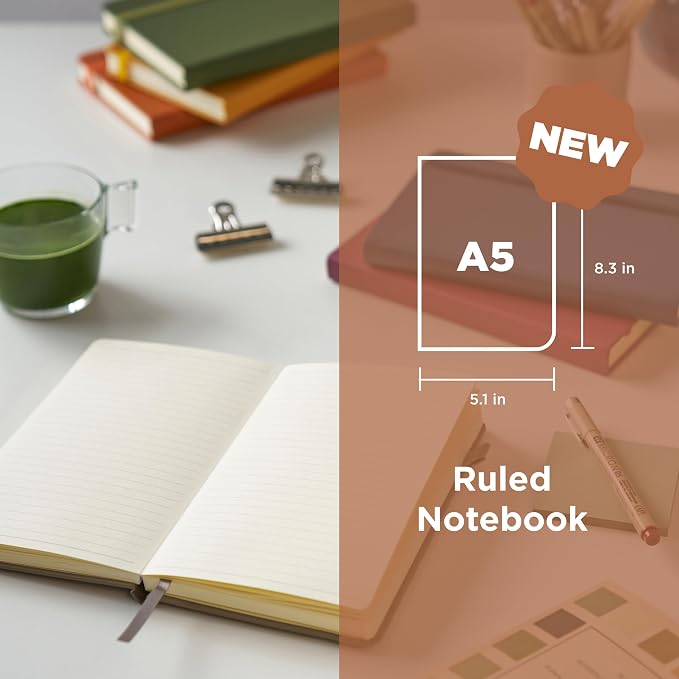 Sakura Notebook Ruled A5 - Japanese-Inspired Lined Notebook for Effortless Writing - 140 GSM Paper - Hardcover - Built-in Pen Holder - Expandable Inner Pocket - Flat-Lay - 5.1 x 8.3" - Amber