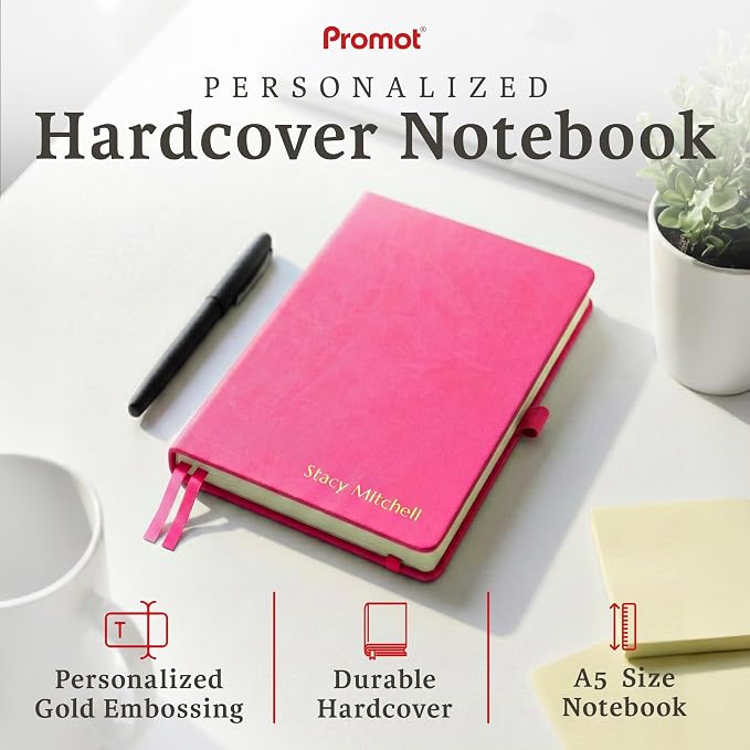 Promot PU Leather Ruled Journal Notebook- Custom Gold Metallic Text (Pink) | Premium Leather-Look Cover, Smooth Lined Writing Pages, Durable Everyday Construction, Lay-Flat Writing Experience