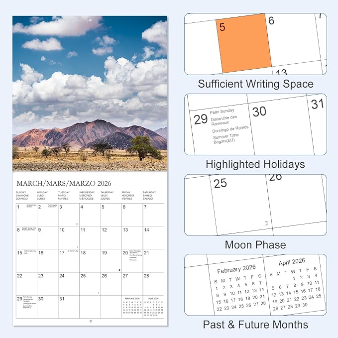 Calendar 2026 - Wall Calendar from January 2026 to June 2027, 3 Languages(English,French,Spanish), 2026 Calendar with Holiday Marked, Premium Paper for Organizing, 12" x 12",National Park - B