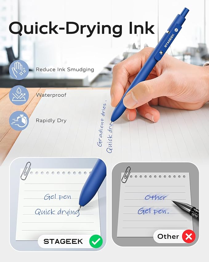 STAGEEK Blue Gel Pens GX3, 6Pcs Quick Dry Blue Ink Pens with 3 Extra Refills, Fine Point Retractable Smooth Writing Pens for Journaling, Office, Note Taking, School Supplies, Nurse Aesthetic(Blue)