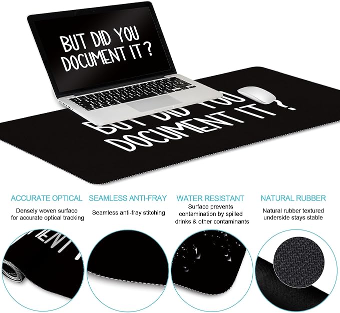 LIMKRIAN Black Mouse Pad Large Desk Mat Set, But Did You Document It Decor | Ergonomic Gel Wrist Rest, Computer Keyboard Mat, Memory Foam Wrist Support, Coaster, Office Desk Accessories Supplies Gifts