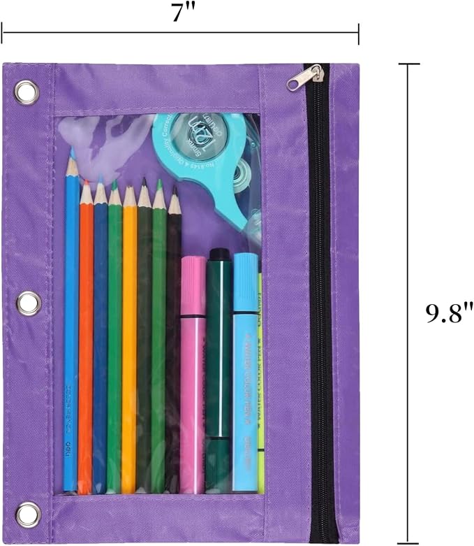 3-Ring Pen Pencil Pouch with Clear Window Stationery Bag Binder Case Classroom Organizers Purple