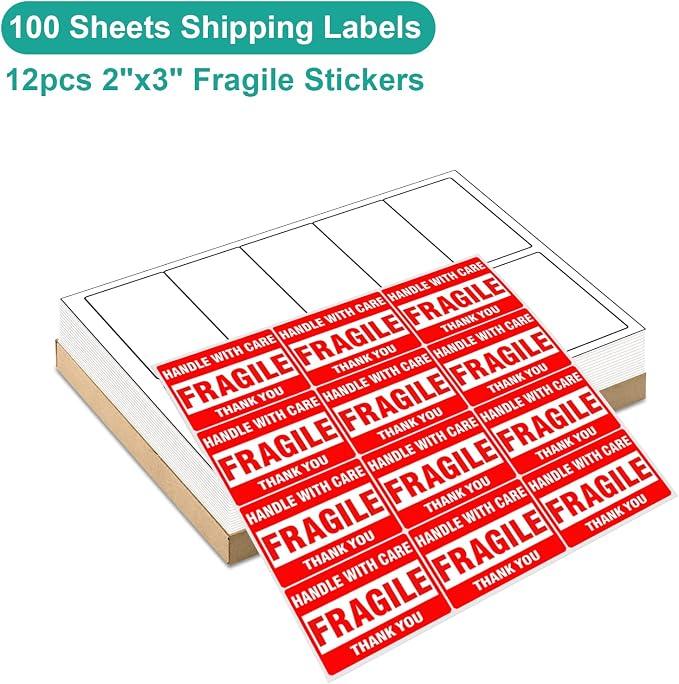 MFLABEL 2"x4" Shipping Labels - 1000 Premium Matte White Address Labels for FBA, Laser & Inkjet Printers (100 Sheets, 10/Sht) + Free Fragile Stickers!