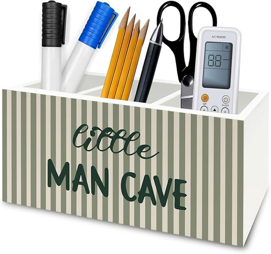Boy Nursery Decor Pen Pencil Holder Organizer for Desk, Sage Green Striped Little Man Cave Wooden Box Signs Decorations for Kids Boys Room Bedroom Playroom Desk Tabletop, Boys Room Decor