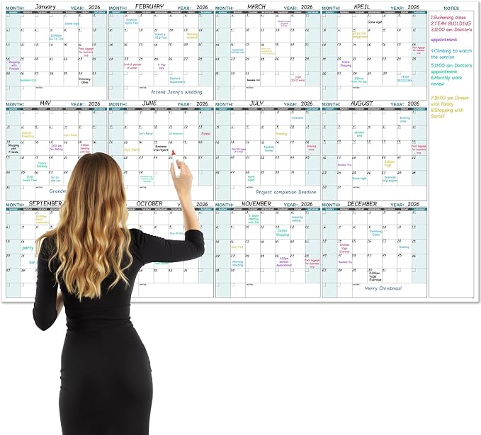 Large Dry Erase Calendar for Wall – Yearly Wall Calendar Dry Erase Large | 58"x 37", 12-Month Undated Blank Calendar, Reusable Laminated with 15 Round Stickers, Perfect for Office, Home and Classroom
