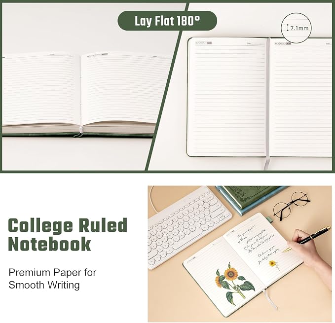 Ovesmusl Sunflower Journal for Girls Women Journals for Writing 100GSM College Ruled A5 Leather Notebook for Girls Ages 8-12 Flower Diary with Heart-Shaped Shadow, 5.7" x 8.3", Green