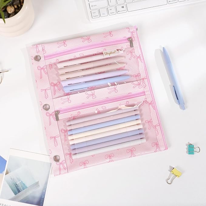SKYDUE Binder Pencil Pouch for 3 Ring Binder, 3 Compartment Zipper Case, Large Capacity Pen Organizer with Clear PVC Window for School Supplies, Students, Kids & Teachers
