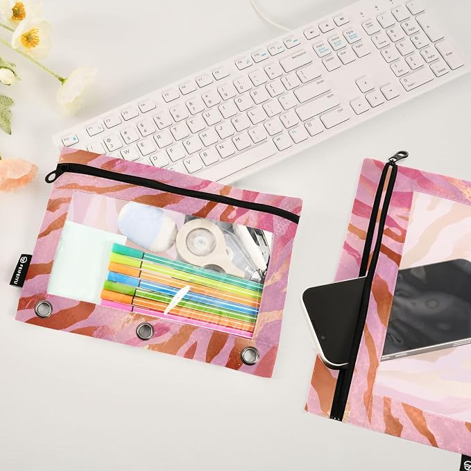ALAZA Pencil Pouch for 3 Ring Binder, Pink Tiger Stripes Print Binder Pencil Pouches with Clear Window Zipper Pencil Case Cosmetic Bags for Office College Supplies, 2PCS