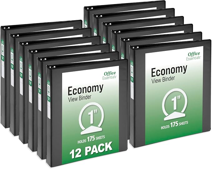 Office Essentials Economy View 3 Ring Binders, 1" Round Rings, 1.4" Spine, 175-Sheet Capacity, Black Binders (12-Pack of 03425)