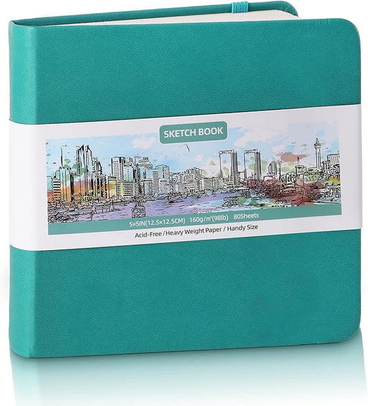 Prudiut Hardcover Pocket Sketchbook, 5" x 5" Square Mini Sketchbook, 98lb/160gsm Heavyweight Tiny Sketch Book, 80 Sheets Small Travel Drawing Journal for Adults, Artist, Ideal for Gift (Dark Blue)
