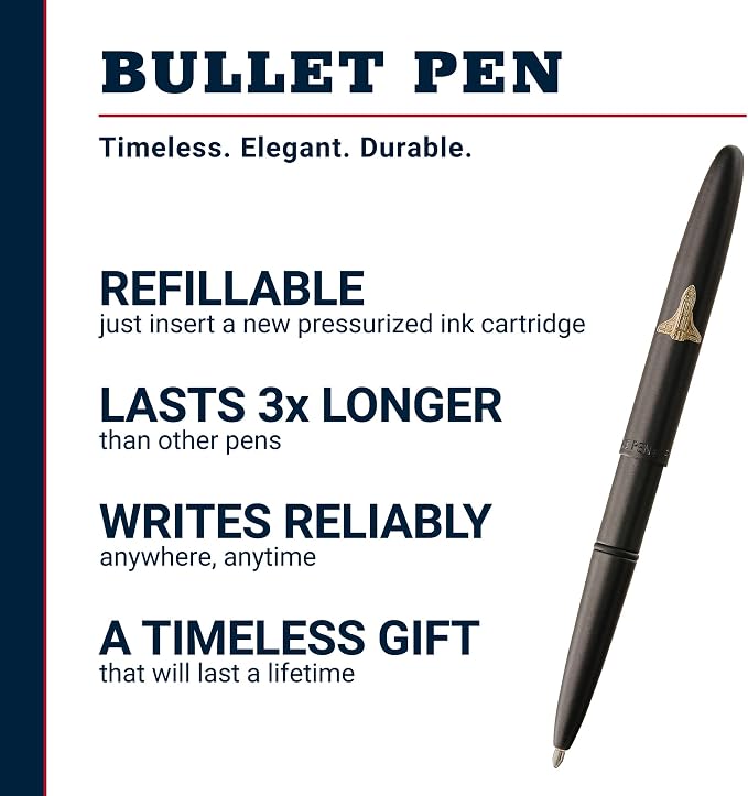 Fisher Space Pen Matte Black Shuttle Emblem Bullet Pen, Pressurized Ballpoint Pen, Compact Size, Writes Upside Down, Extreme Temperatures, Smooth Black Ink, Medium Point, Gift Box, Made in USA