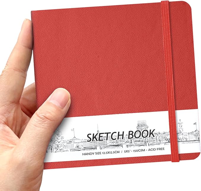 qianshan 5" x 5" Hardcover Sketch Book,Small Mixed Media Sketch Pad,58 Sheets 150GSM Acid-Free Artist Drawing Paper,Travel Journal Blank Notebook for Adults Painting,Illustration,Art Supplies.Red