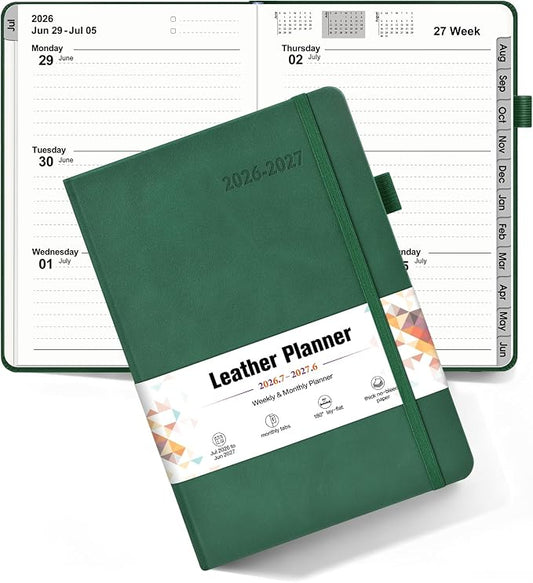 Planner 2026-2027, Academic Weekly and Monthly Calendar Planner from July 2026 - June 2027, Hardcover Leather Daily Agenda Book with Tabs, College School Organizer for Student Teacher, A5 (5.75" x 8.38"), Green