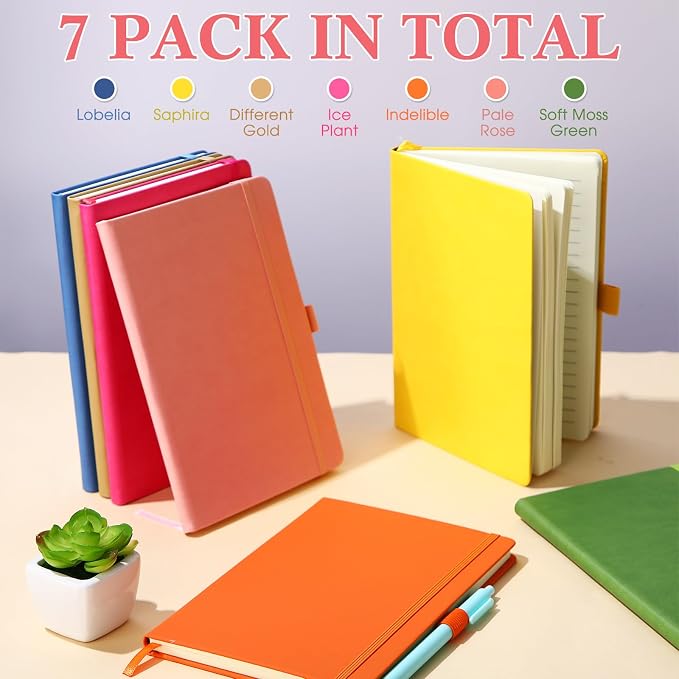 Laumoi 7 Pack Hardcover Journal Notebooks Bulk A5/A4/B5 Journaling Notebook Wide Ruled PU Leather Ruled Lined Journals with Pen Holder for School Business Work Writing (Fashion Color,A5)
