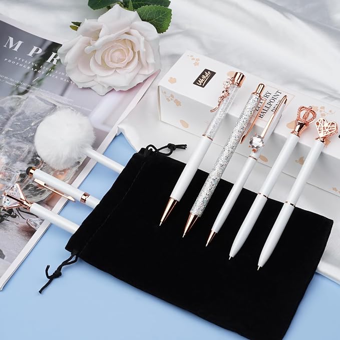 WEMATE 8Pcs Fancy Pens Set, Metal Crystal Diamond Pens White | With Black & Blue Ink, Glitter Design for Journaling, Office Supplies, School Use & Gifts for Women