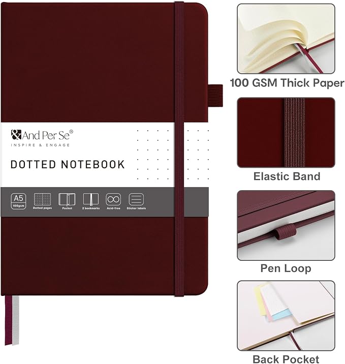 &And Per Se Dotted Journal Notebook – A5 Hardcover, 160 Pages 100gsm Paper, Dot Grid Notebook for Planning & Creative Journaling, 3 Sticker Sheets Included (Dark Red)
