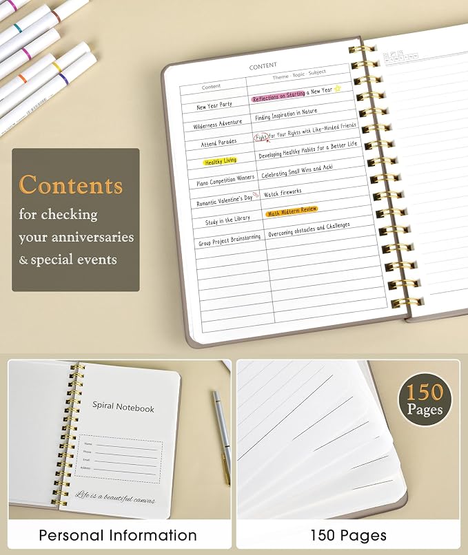 PAPEJOON Lined Spiral Journal Notebook for Women, A5 Cute Hardcover Spiral Journals for Writing, 150 Pages Pretty College Ruled Notebooks for Work & Note Taking, 5.75" x 8.38", Boho Sun & Moon