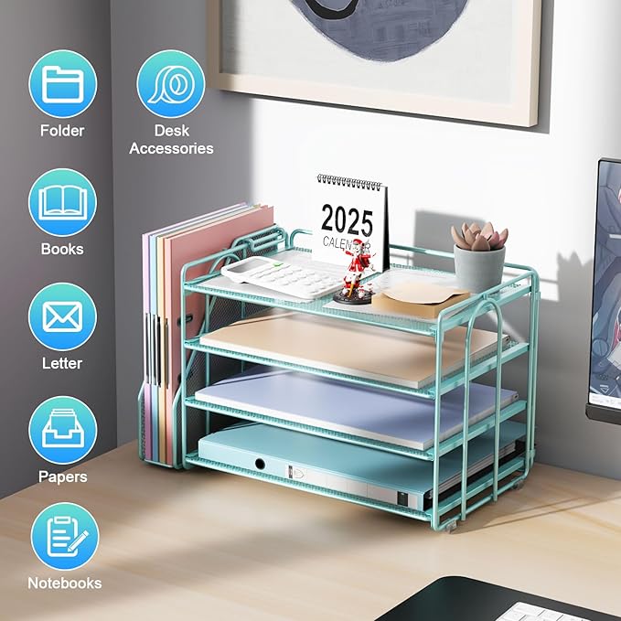 gianotter 4-Tier Paper Organizer With Magazine Holder, Desk Organizers and Accessories, Desk Accessories & Workspace Organizers, File Organizer for Office Supplies Storag (Blue, 4-Tier)
