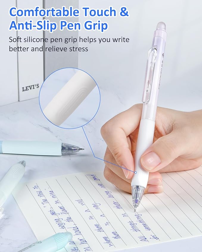 Solati Erasable Pens, 6 Pack Fine Point 0.5mm Blue Erasable Gel Pens with 360°Rotating Erasers, Make Mistakes Disappear, Comfort Grip for Drawing, Writing, Planning, and Crossword Puzzles (Blue Ink)