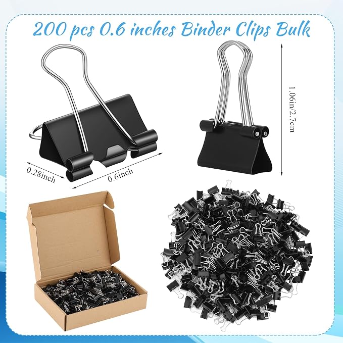 Jetec 200 Pcs Black 0.6 Inch Binder Clips Small Paper Clamps Metal Paper Clips for Teachers Students Classroom Business Office and School Office Supplies
