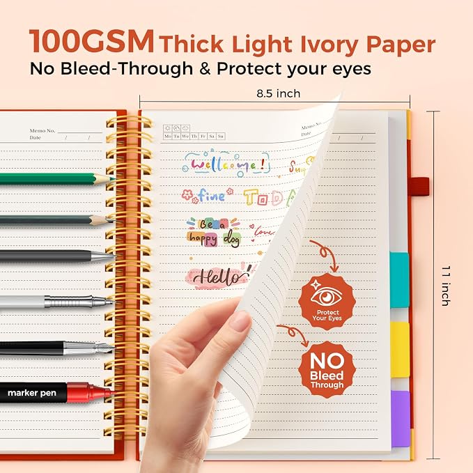 XYark A4 Hardcover Spiral Notebook, 8.5"x11" College Ruled Notebooks with Removable Dividers Tabs & Ruler, 5 Subject Notebook 300 Pages, Large Lined Journal for Women Men School Work Office, Red