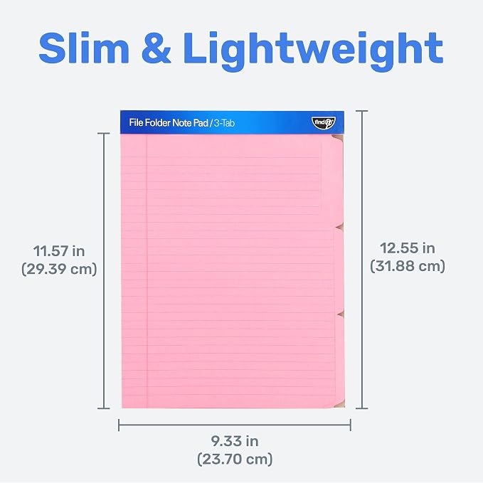 Find It File Folder Notepad, 12-Ct 3rd-Cut Tab Organizer Folders, Pink | Wide-ruled clipboard-style pages, tear-out perforated sheets, great for office, home, and school filing organization
