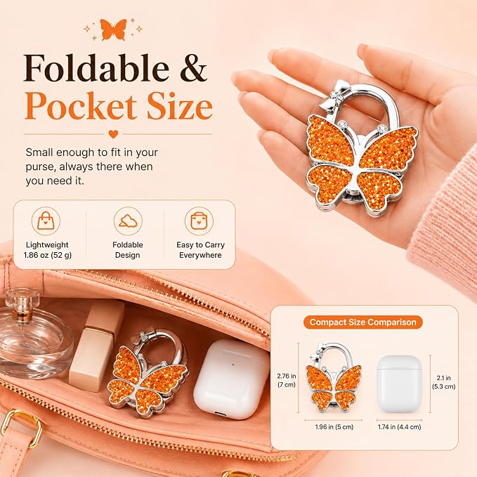 Purse Hook for Table, Foldable Handbag Hanger for Women, Portable Bag Holder with Non-Slip Base, Cute Sequin Orange Butterfly Purse Table Hook for Restaurant Office Travel Gift