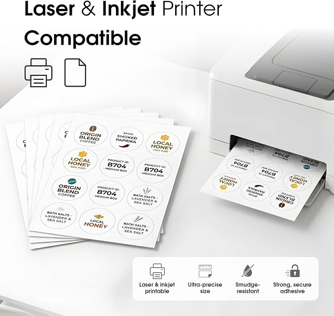2.5" Printable Round Labels for Laser and Inkjet Printers - 360 Blank Labels, 30 Sheets for Business Logos, Thank You Stickers, Price Tags, QR Codes - Spartan Industrial Template C005