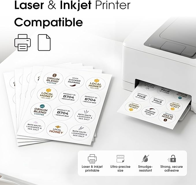 2.5" Printable Round Labels for Laser and Inkjet Printers - 1200 Blank Labels, 100 Sheets for Business Logos, Thank You Stickers, Price Tags, QR Codes - Spartan Industrial Template C005
