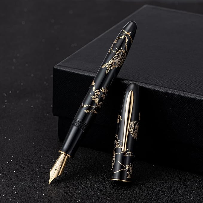 HONG DIAN Hongdian N23 Black Rabbit Fountain Pen, Long Blade Medium Nib Gold Trim, New Year Lucky Rabbit Carving Design, Smooth Writing Pen with Converter and Metal Pen Box Set
